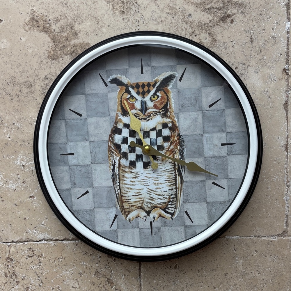 Mackenzie Childs Woodland Owl Wall Clock - Black and Gray